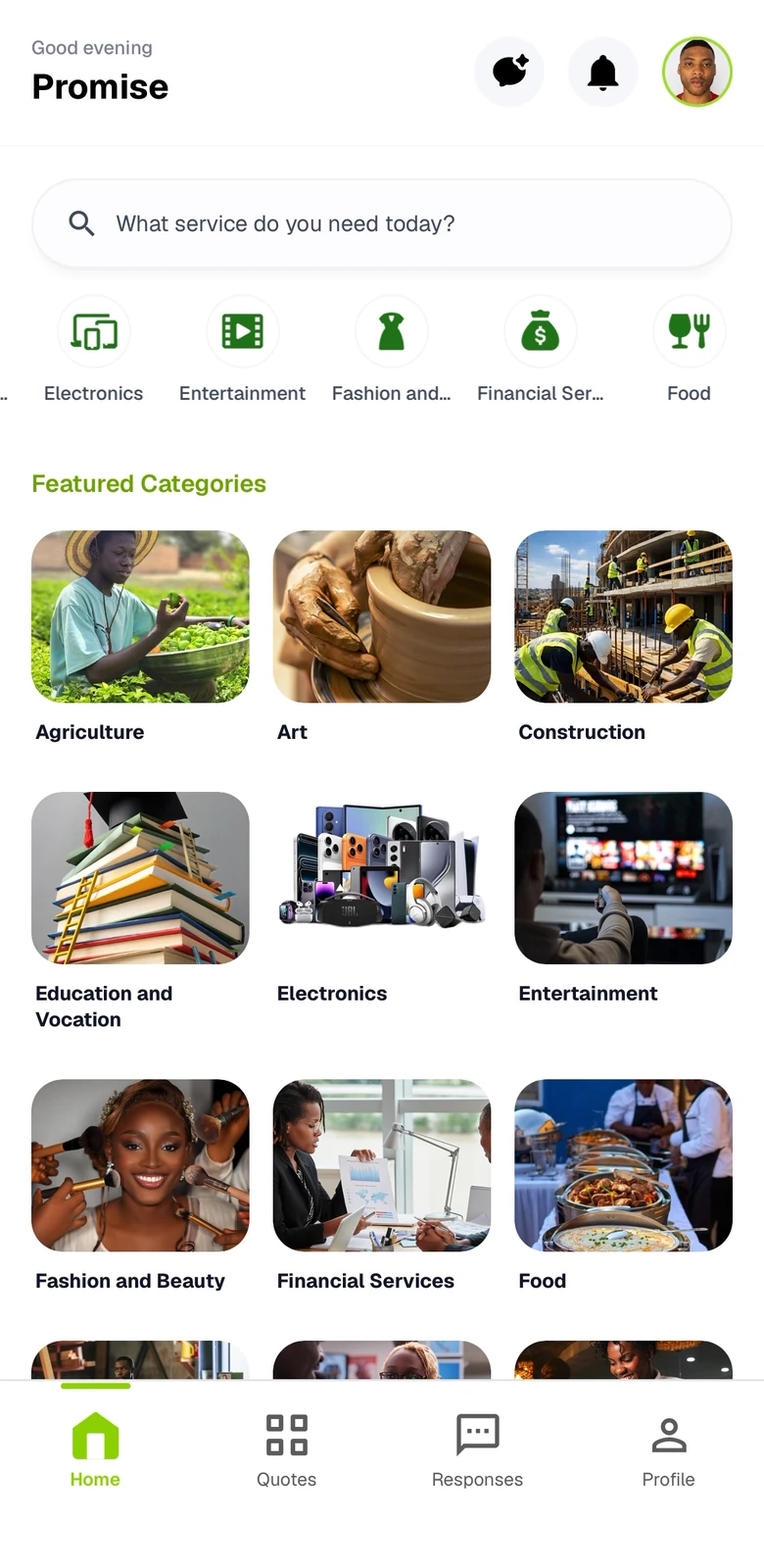 The Quote Request app home screen, showing search and featured categories